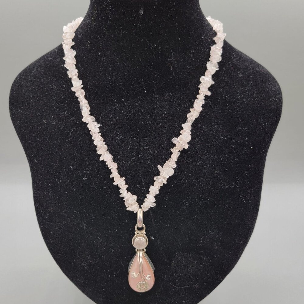 Rose Quartz Chip Bead Necklace Quartz Teardrop Sterling Pendant Wire Wrap